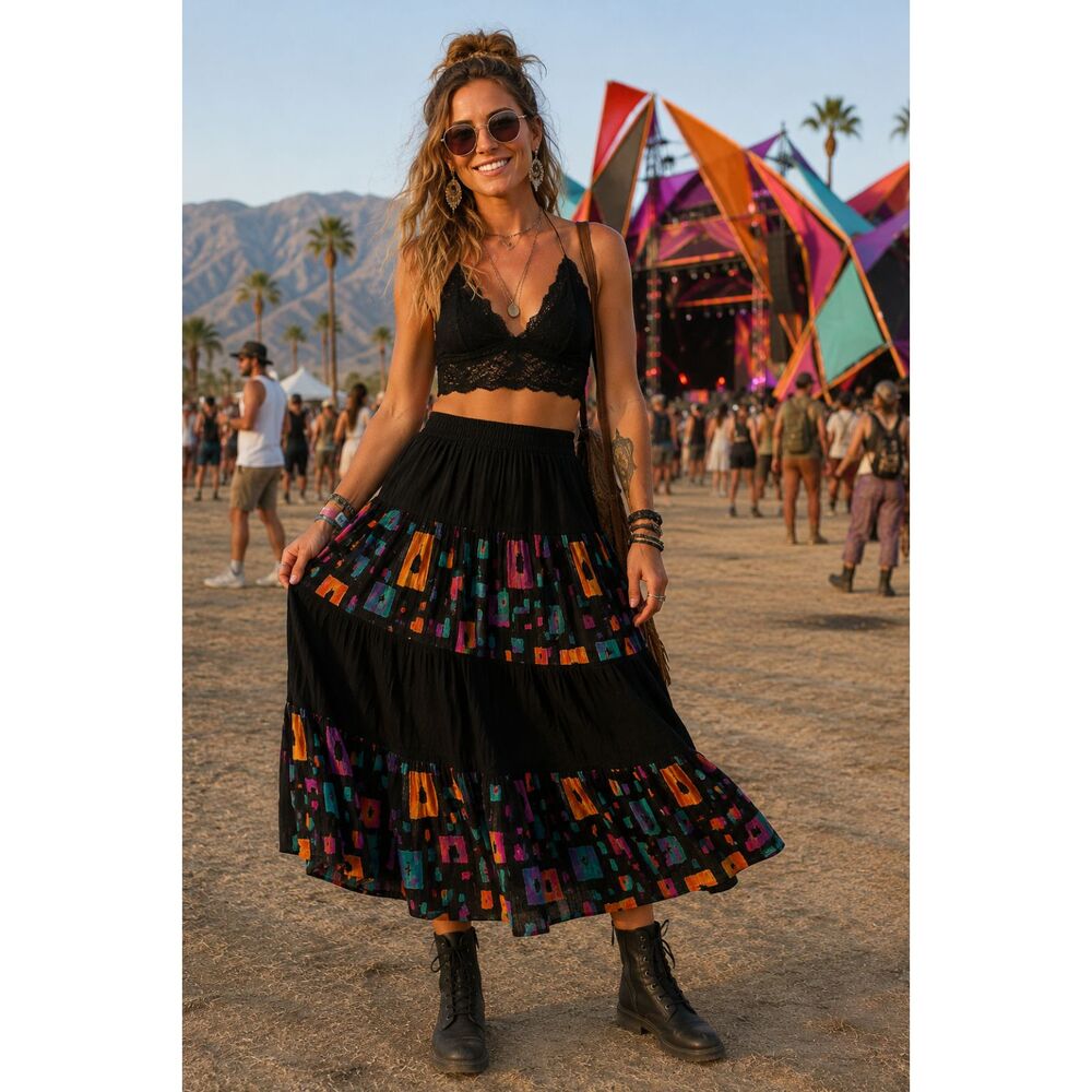 Vintage Essay by Sharon Anthony Tiered Skirt Black Abstract Print Size 8 Boho